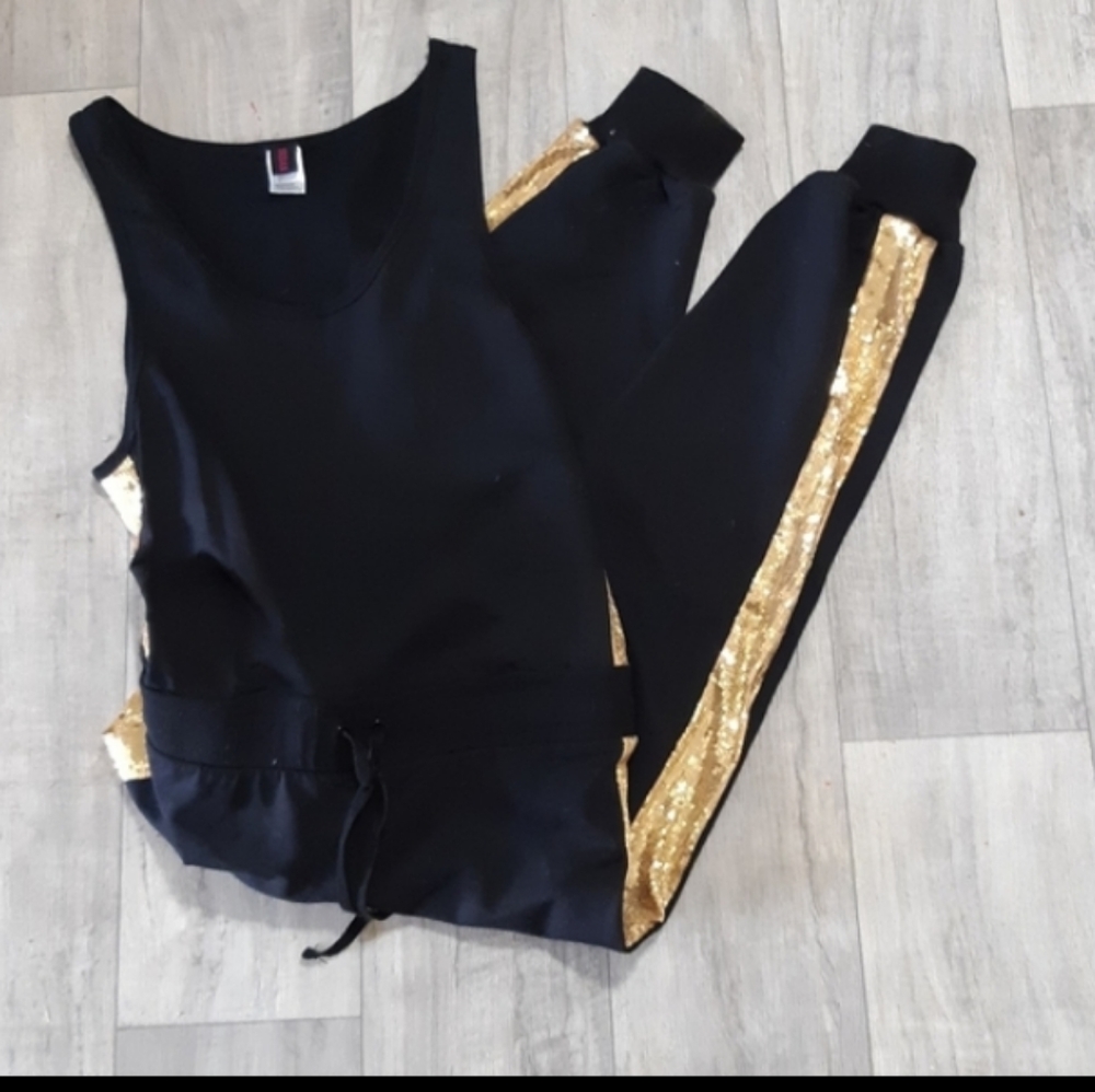 Sequins Womens Black n Gold 1pc Jumper Romper Tie waist jumpsuit b40